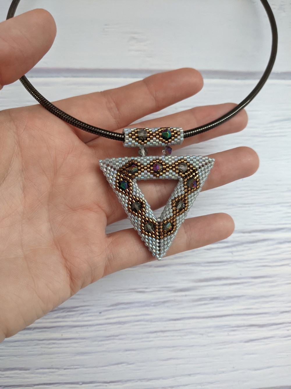 Iridescent Silver & Gold Triangle Beaded Pendant Necklace - Picture 5 of 9